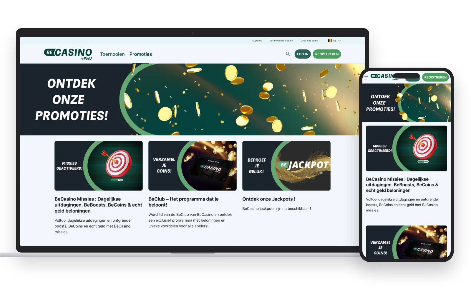 Promotiepagina van BeCasino met de lopende acties en de verwijzing naar de voorwaarden