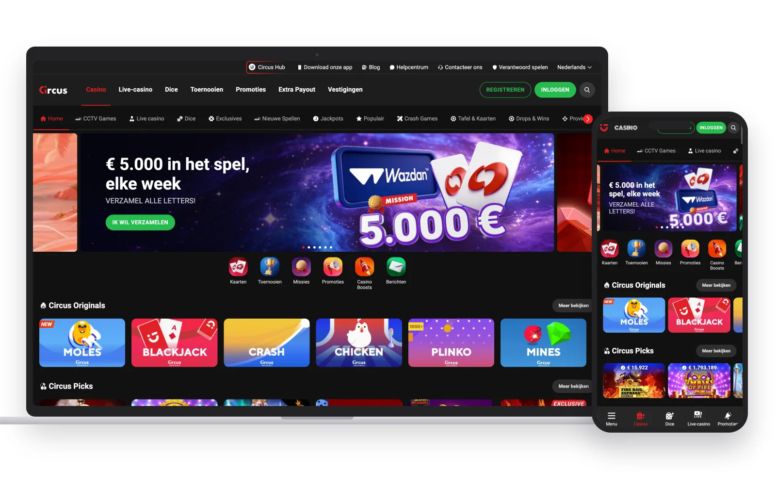 Nederlandstalige casinolobby van Circus met de categoriebalk en de knoppen om te registreren of in te loggen