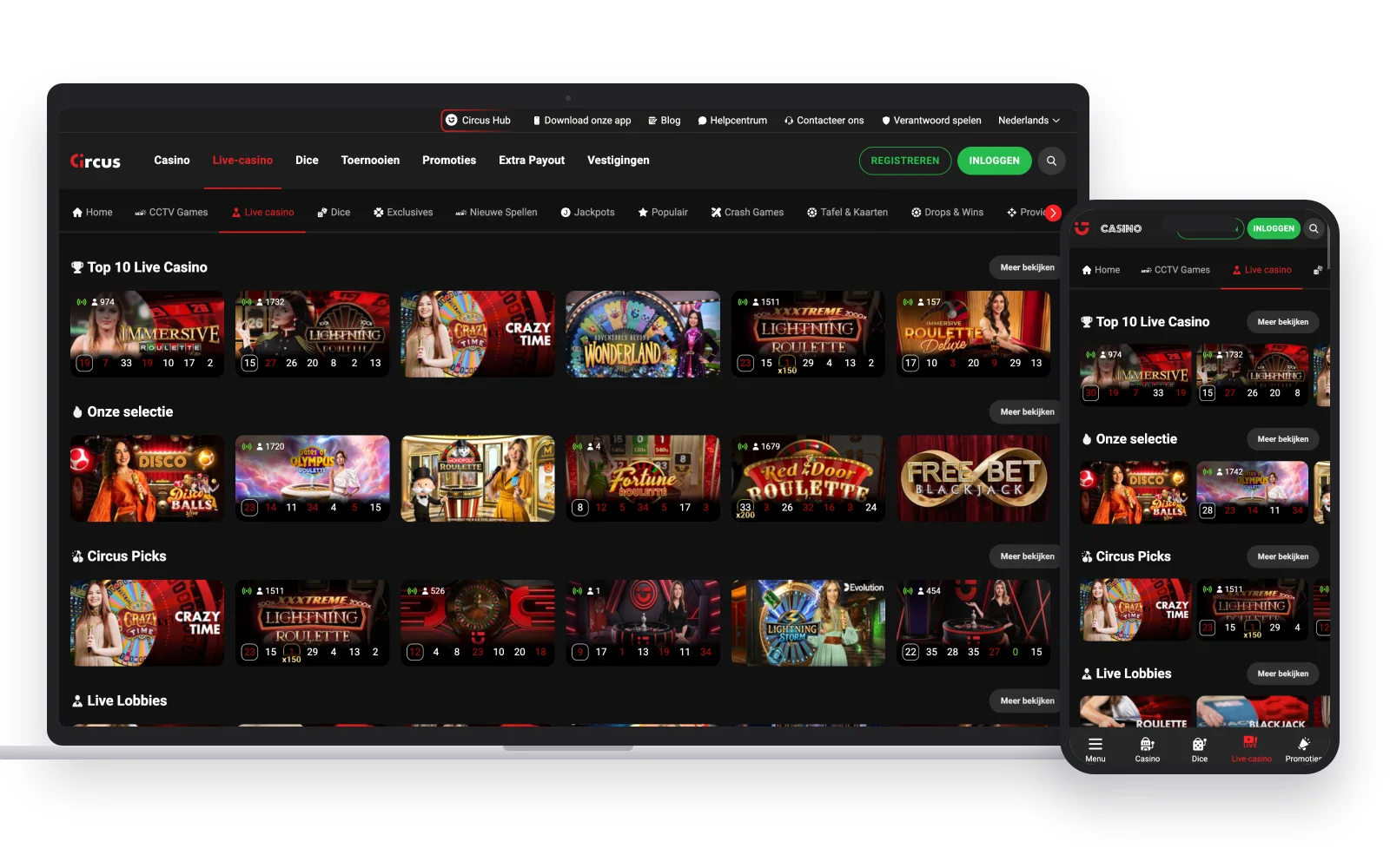 Live casino van Circus met de tafels voor roulette en blackjack en het aantal spelers per tafel