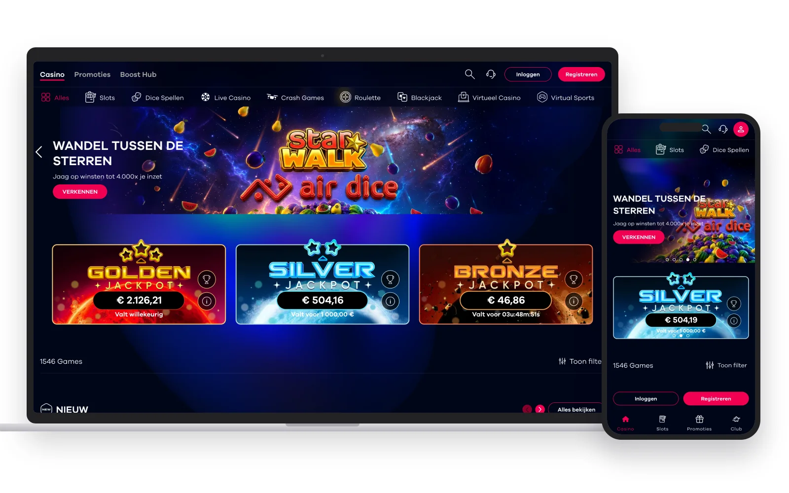 Lobby van Oria met een aparte rubriek dice spellen naast slots, live casino en crash games